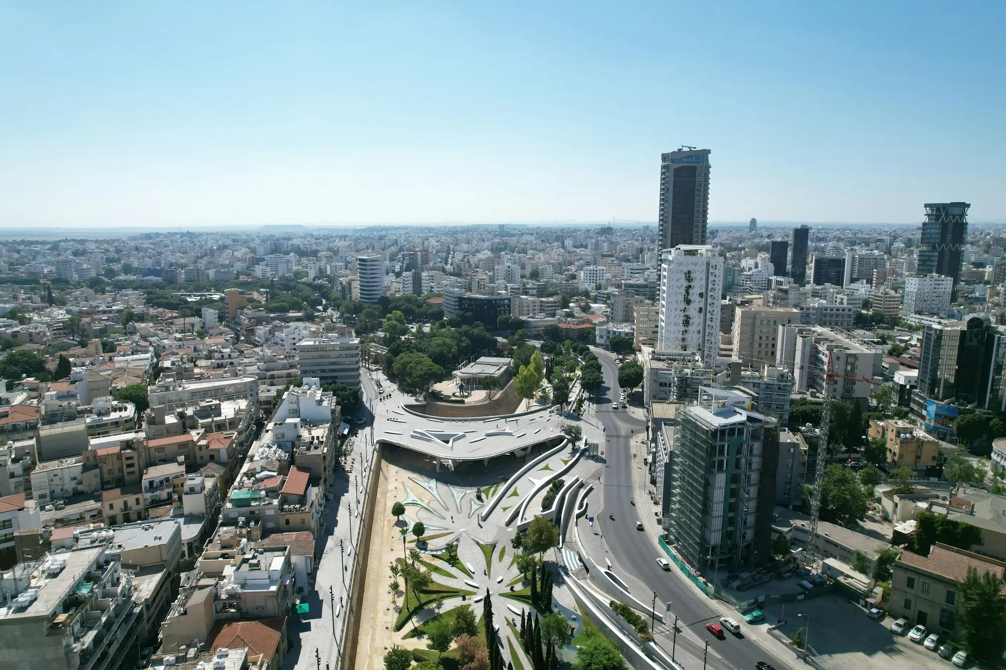 Nicosia seen from above, Eleftheria Square in the foreground and the city centre spreading to the hills